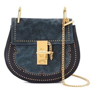 CHLOÉ Full Moon Blue Suede Gold Chain Studded Faye Drew Crossbody Shoulder Bag